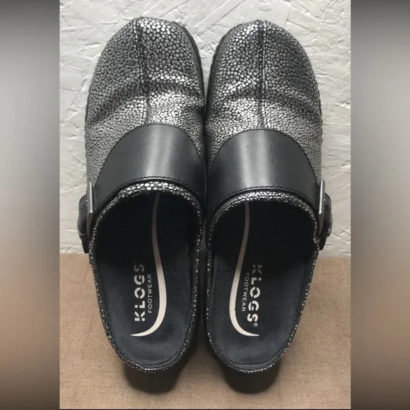 Klogs Austin Stingray Women's Clogs Silver Black Leather Size 8M Work Nursing - Picture 3 of 14